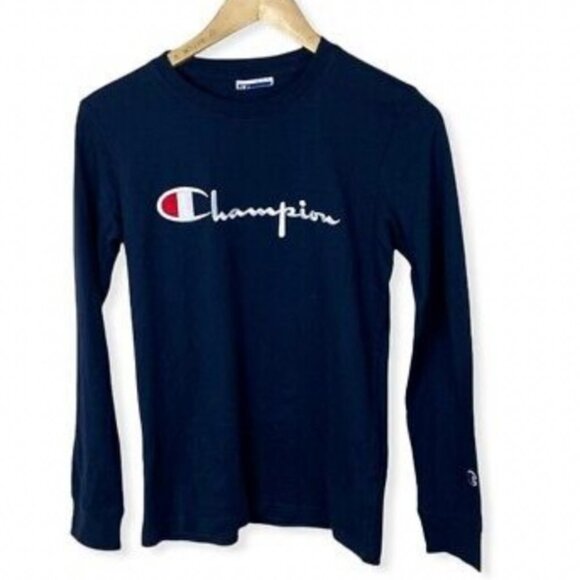 Champion Navy Blue Embroidered Long Sleeve T-Shirt Boys Size Large Tee Crew Neck - Picture 2 of 9